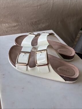 Madden Girl Cream Double Buckle Patent Slide Sandals